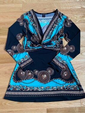 OVO Black and Turquoise Baroque-Print Long Sleeve Dress